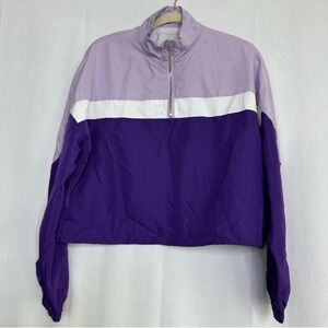 Angel Kiss Two-Tone Purple White Striped Bomber Pull Over Cropped Jacket